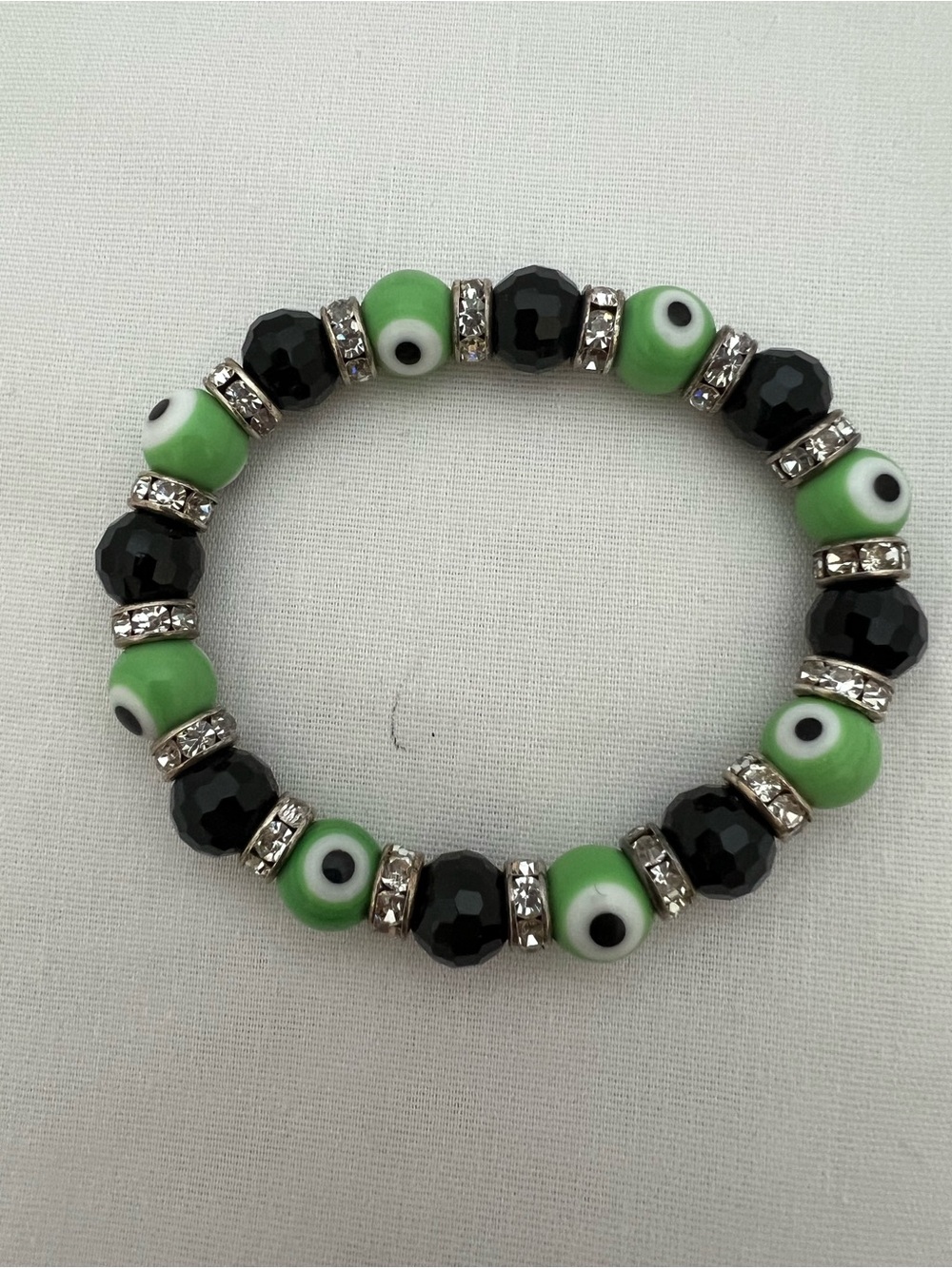 Green and Black Beaded Evil Eye Stretch Bracelet